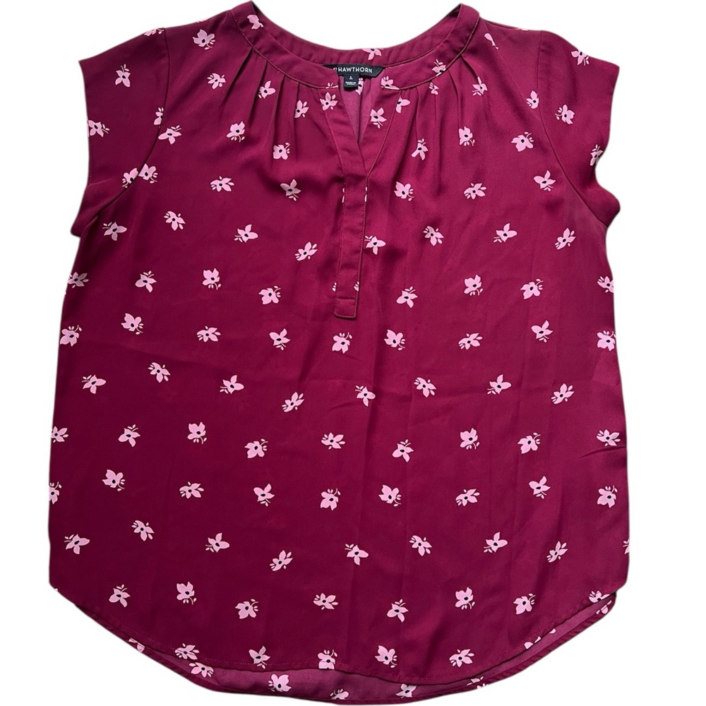 41 Hawthorn women’s top cap sleeve split neck floral shell wine burgundy shirt L